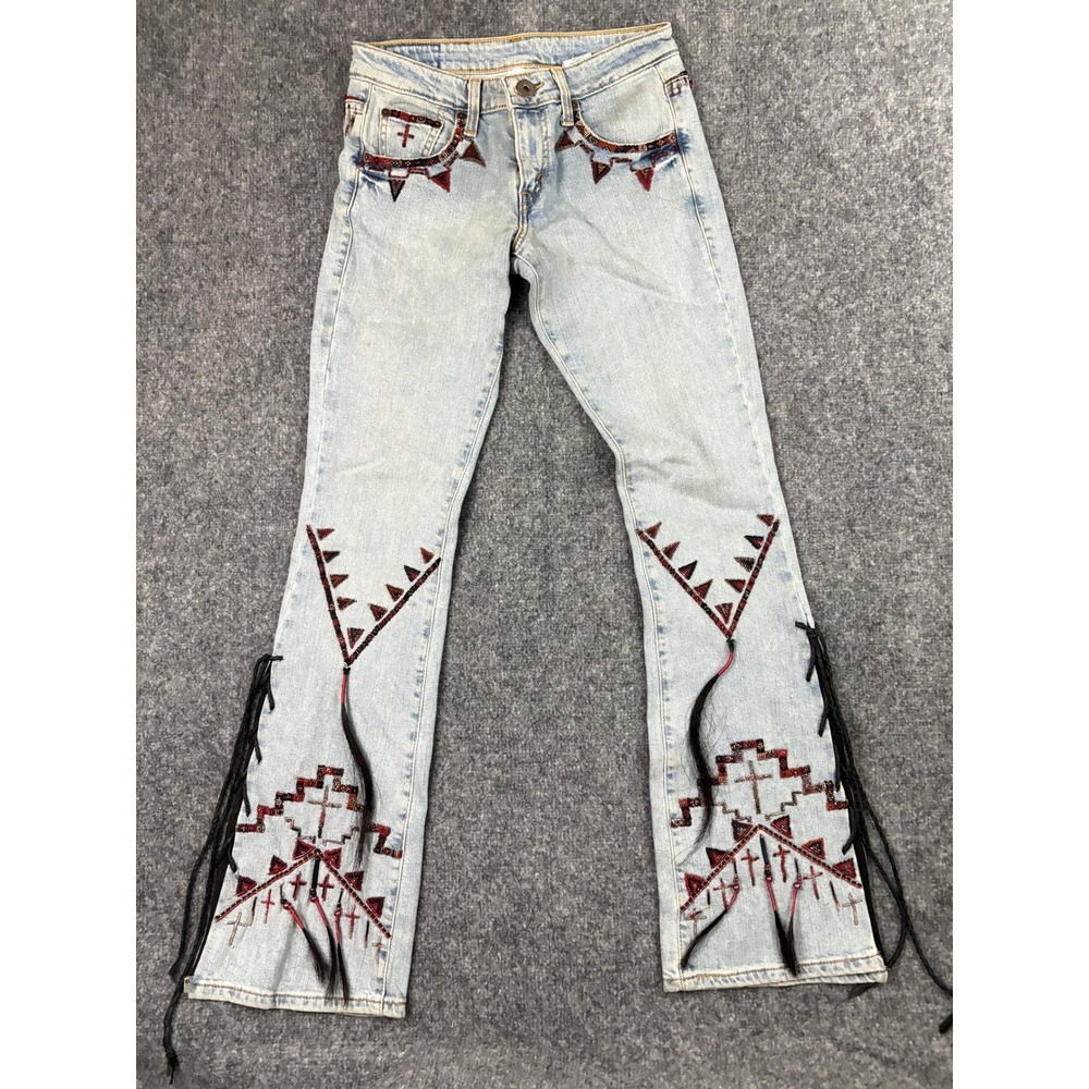 Michelle Julene Couture Reworked Levi's Beaded Fringe Western Y2K Jeans 28"